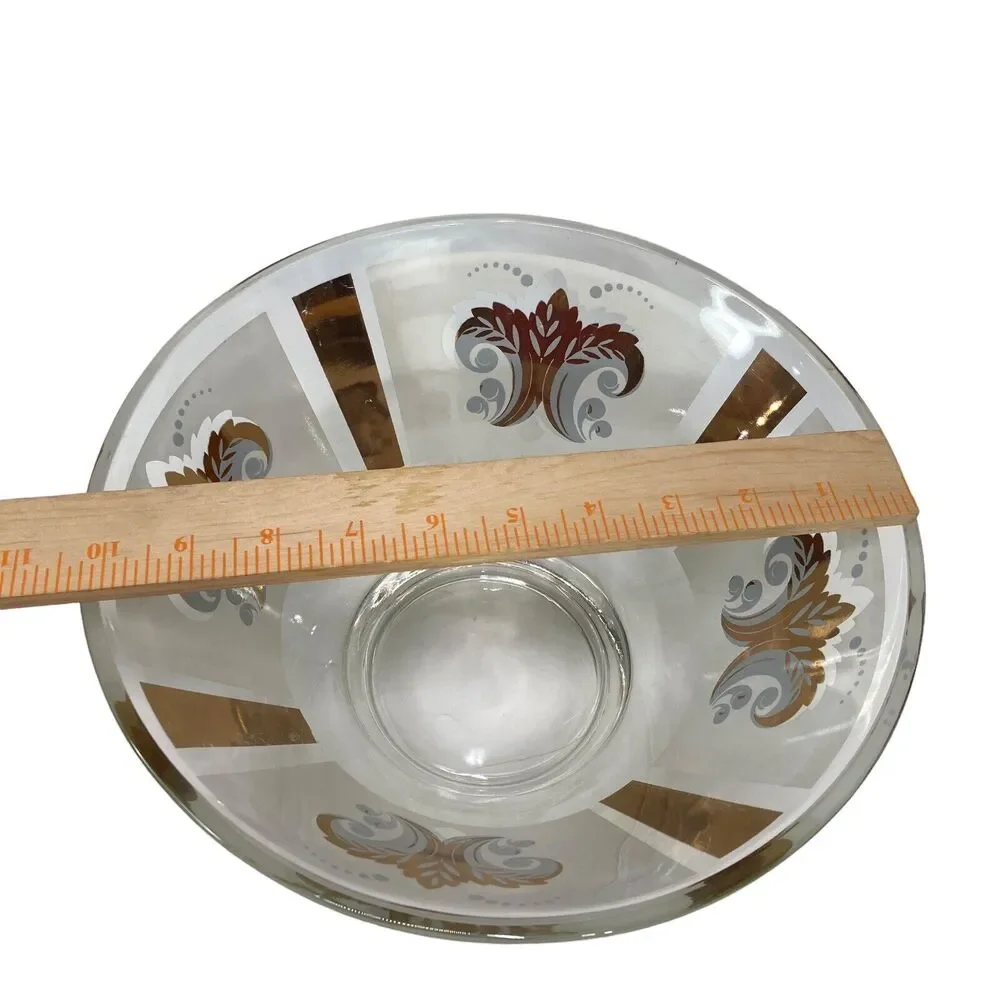 Vtg MCM Gilt Gold Fleur De Lis Wheat Medallion Salad Chip Bowl Libbey Clear Gold